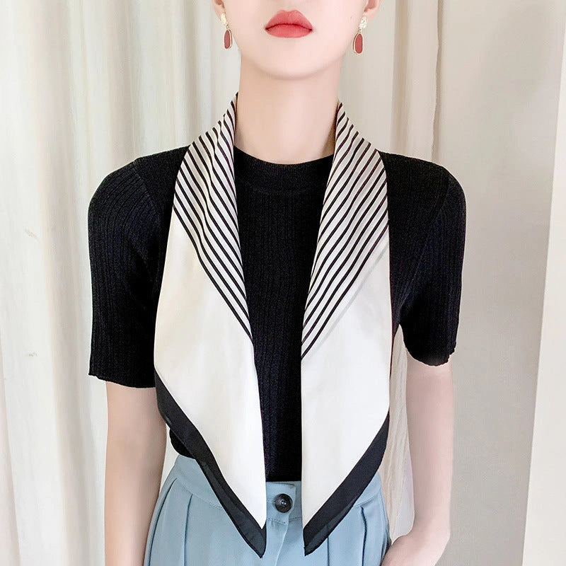 Eastern Aura Monochrome Stripe Silk-Feel Square Scarf — product detail image 31