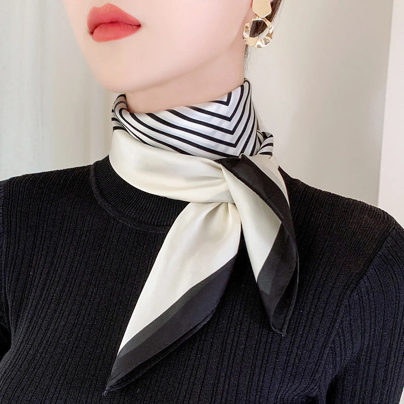 Eastern Aura Monochrome Stripe Silk-Feel Square Scarf — product detail image 32