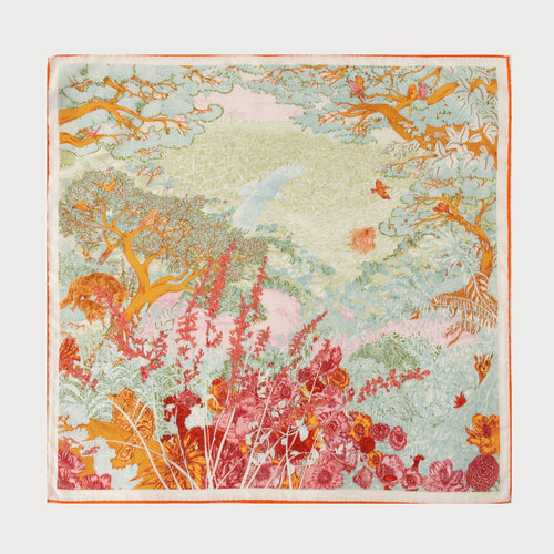 Garden of Abundance lightweight art shawl with botanical landscape illustration in a soft jade palette