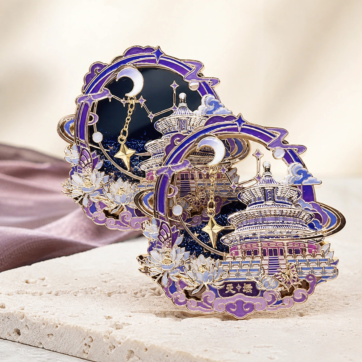 Temple of Heaven Starry Night Art Magnet in an Eastern Aura museum editorial setting, plum silk and travertine