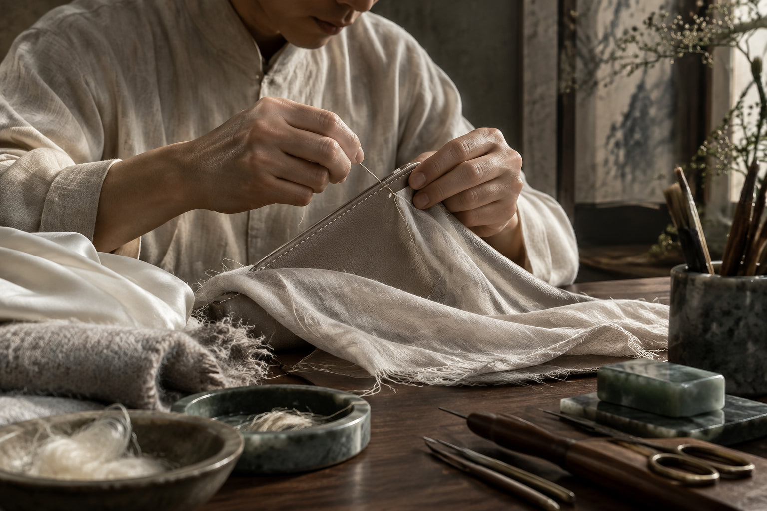 An artisan hand stitching fine natural material at a worktable