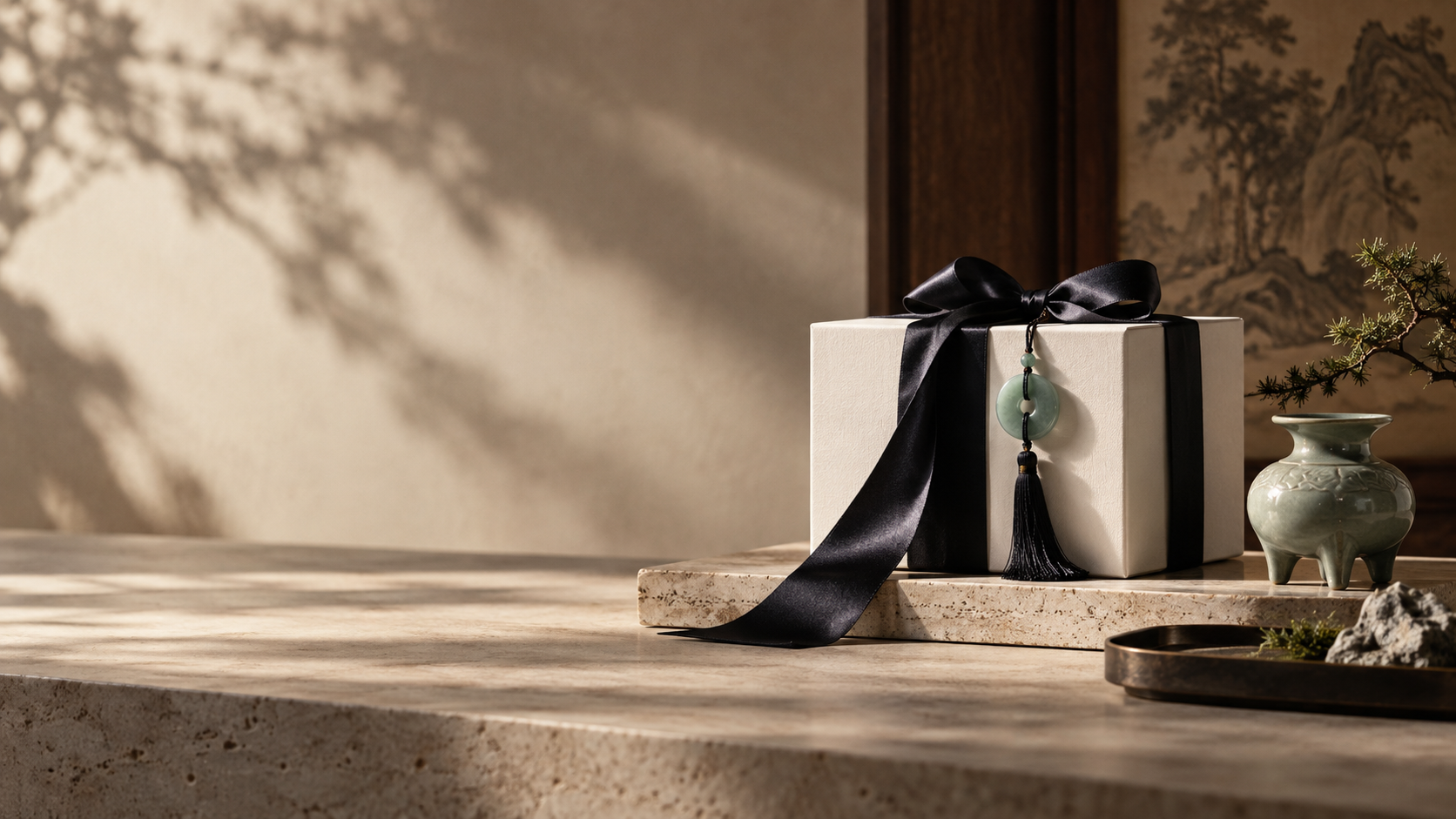 An ivory gift box with black silk ribbon, jade ornament and Chinese-inspired art object