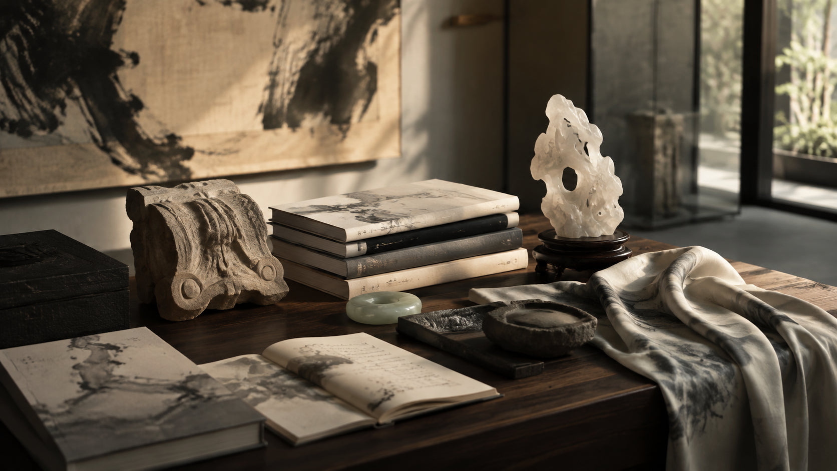 Art objects, books and silk arranged as an Eastern Aura editorial still life