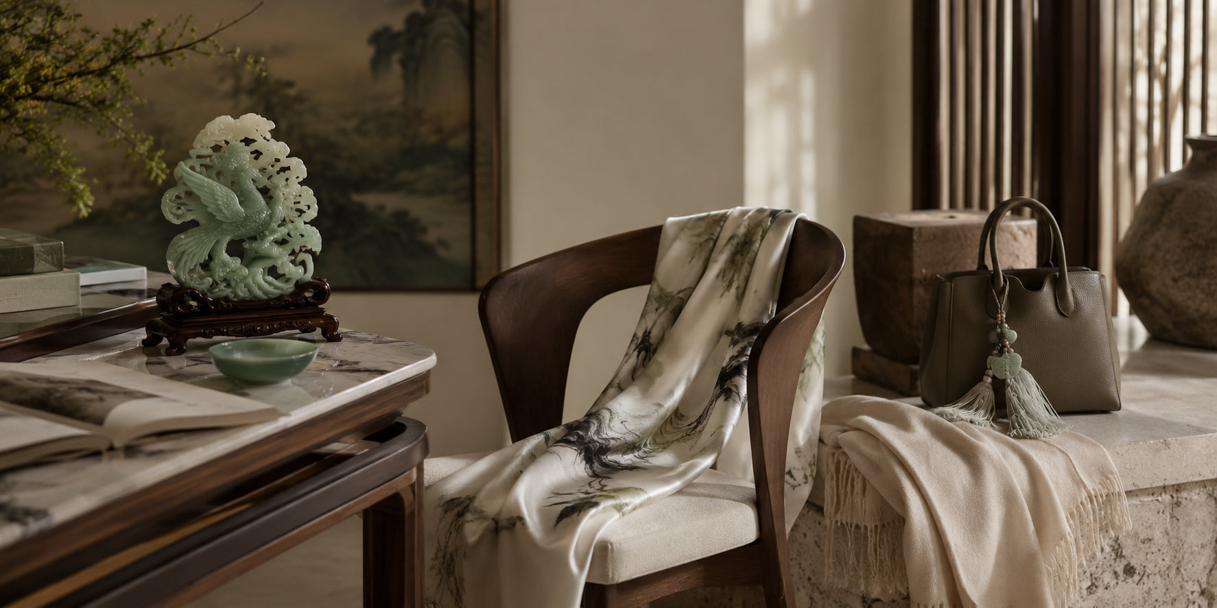 Silk, an art object and a handbag arranged in a contemporary interior