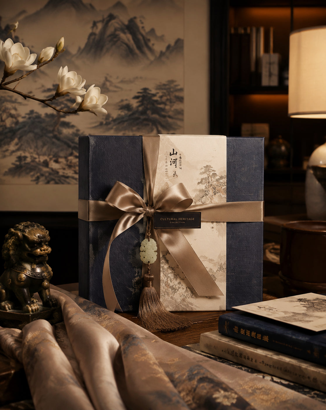 Eastern Aura heritage gift box with silk ribbon and jade accent