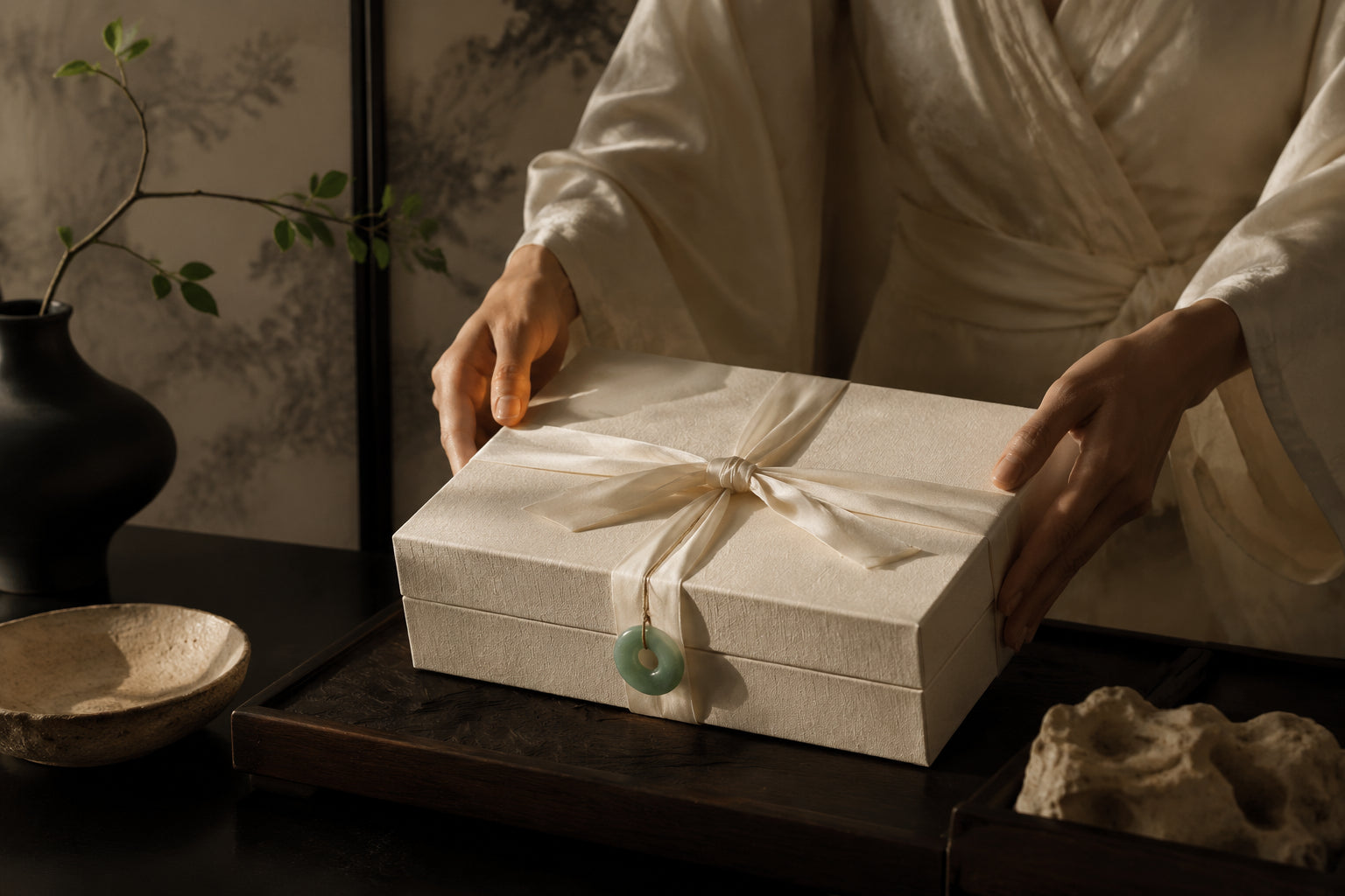 An ivory gift box finished with silk ribbon and a jade ornament